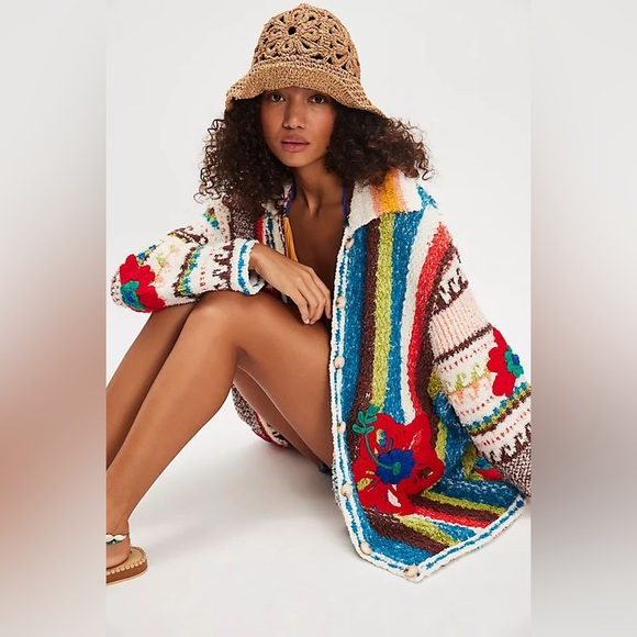 NWT Free People Terry Towel Floral Graphic Cardigan Sweater - Picture 2 of 7